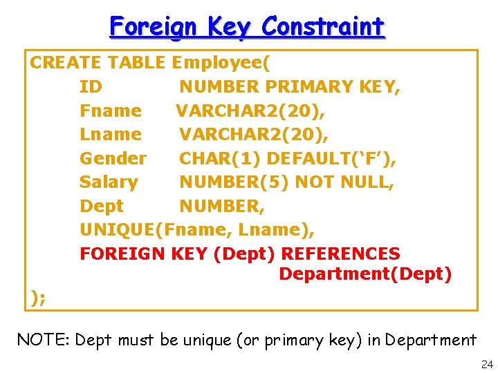 Foreign Key Constraint CREATE TABLE Employee( ID NUMBER PRIMARY KEY, Fname VARCHAR 2(20), Lname