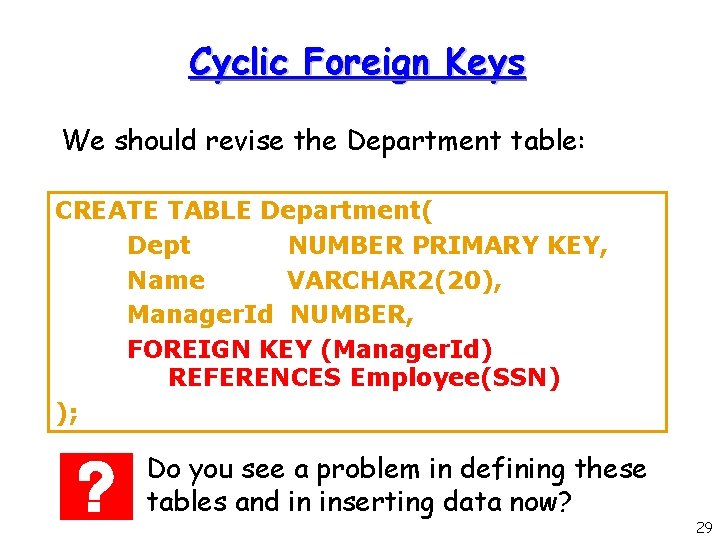 Cyclic Foreign Keys We should revise the Department table: CREATE TABLE Department( Dept NUMBER