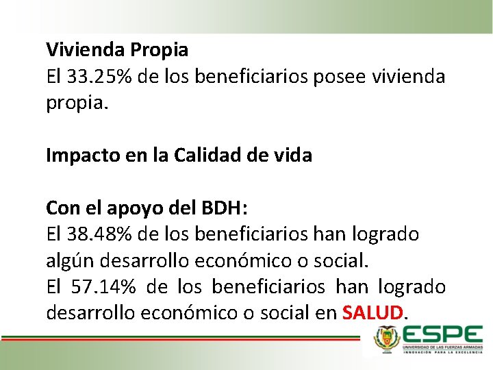 Vivienda Propia El 33. 25% de los beneficiarios posee vivienda propia. Impacto en la