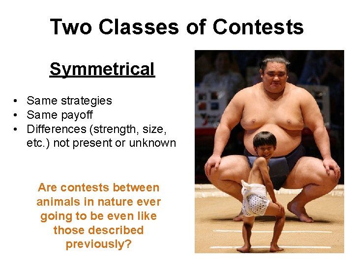 Two Classes of Contests Symmetrical • Same strategies • Same payoff • Differences (strength,