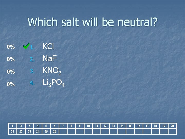 Which salt will be neutral? KCl Na. F KNO 2 Li 3 PO 4