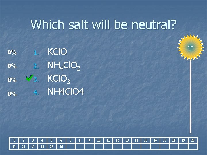 Which salt will be neutral? 10 KCl. O NH 4 Cl. O 2 KCl.