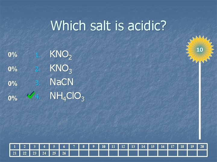 Which salt is acidic? 10 KNO 2 KNO 3 Na. CN NH 4 Cl.