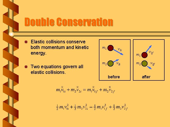 Double Conservation ] ] Elastic collisions conserve both momentum and kinetic energy. Two equations