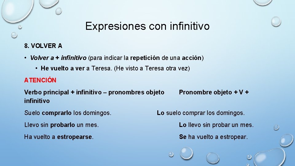 Expresiones con infinitivo 8. VOLVER A • Volver a + infinitivo (para indicar la