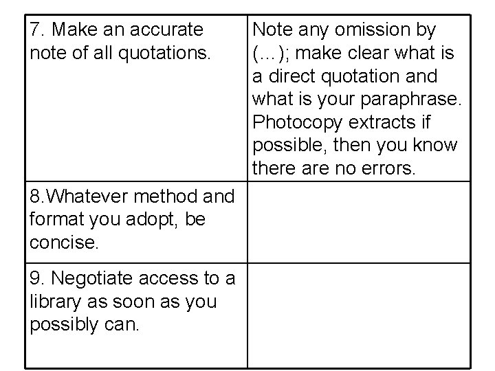 7. Make an accurate note of all quotations. 8. Whatever method and format you