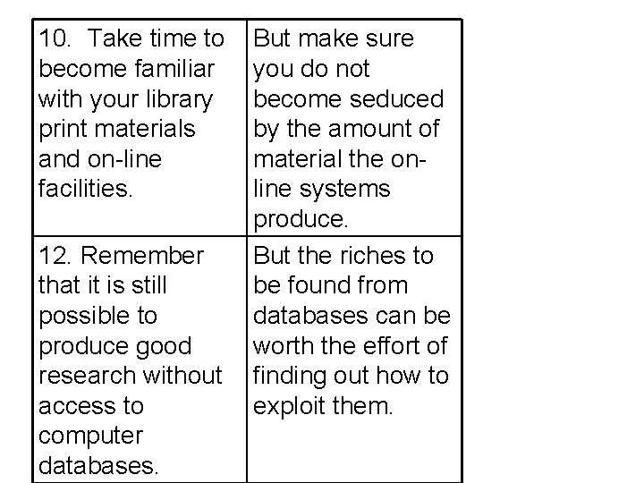 10. Take time to become familiar with your library print materials and on-line facilities.