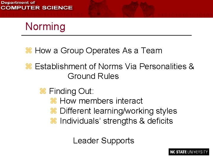 Norming z How a Group Operates As a Team z Establishment of Norms Via
