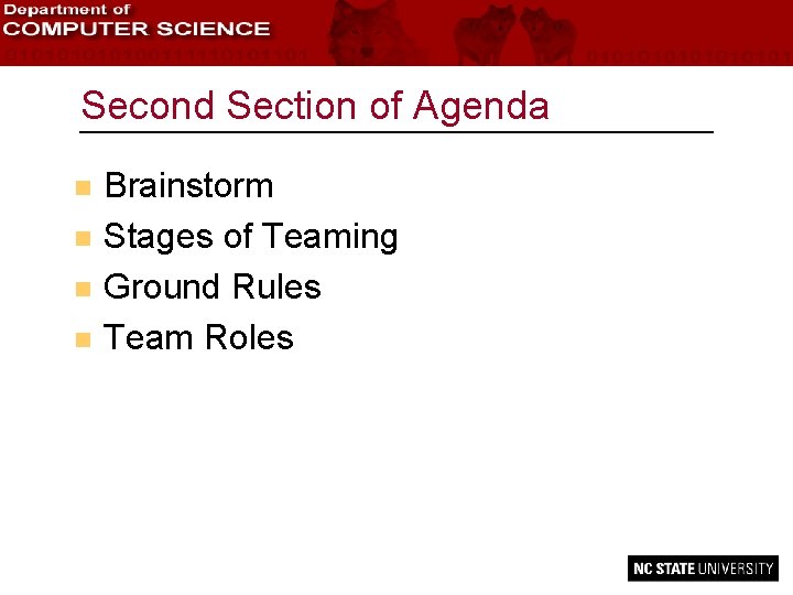 Second Section of Agenda n n Brainstorm Stages of Teaming Ground Rules Team Roles