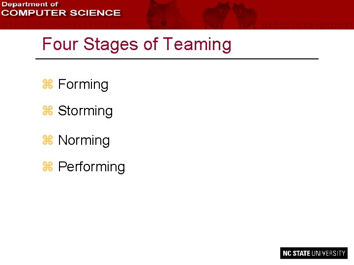 Four Stages of Teaming z Forming z Storming z Norming z Performing 