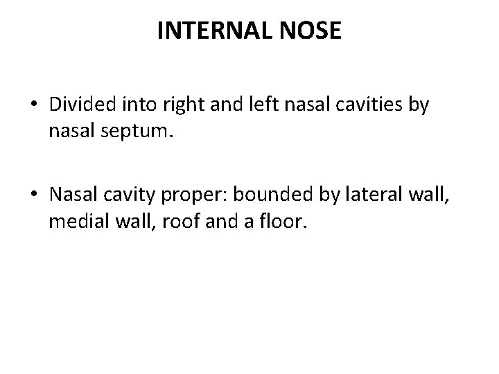 INTERNAL NOSE • Divided into right and left nasal cavities by nasal septum. •