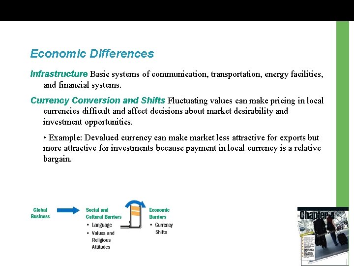 Economic Differences Infrastructure Basic systems of communication, transportation, energy facilities, and financial systems. Currency