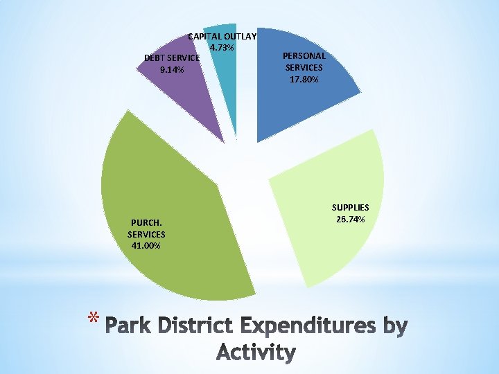 CAPITAL OUTLAY 4. 73% DEBT SERVICE 9. 14% PURCH. SERVICES 41. 00% * PERSONAL