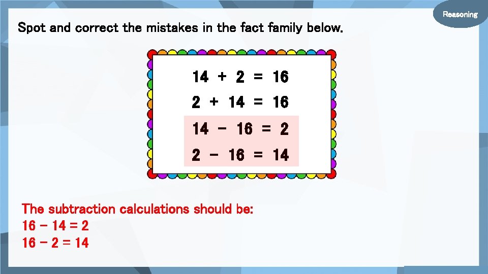 Reasoning Spot and correct the mistakes in the fact family below. 14 + 2