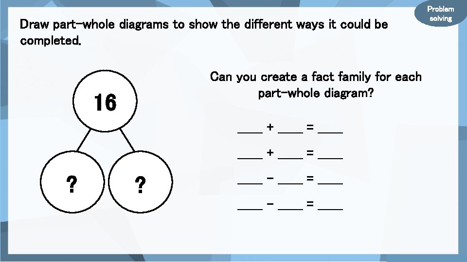 Draw part-whole diagrams to show the different ways it could be completed. Can you