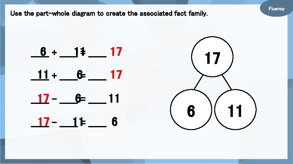 Fluency Use the part-whole diagram to create the associated fact family. 6 + ______11=