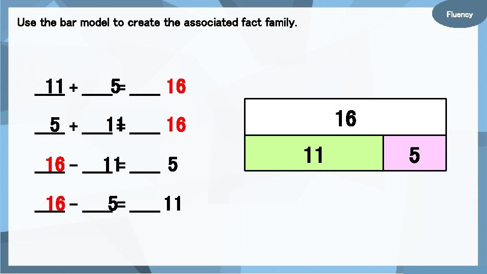 Fluency Use the bar model to create the associated fact family. 11 + ______5=