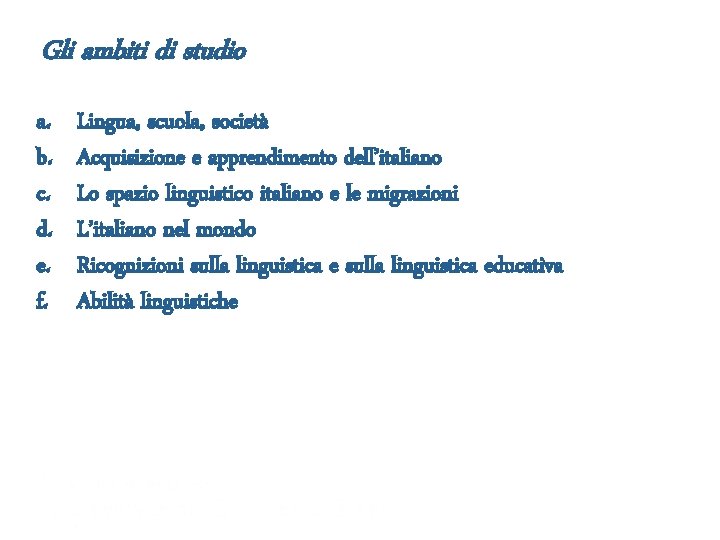 Gli ambiti di studio a. b. c. d. e. f. Lingua, scuola, società Acquisizione