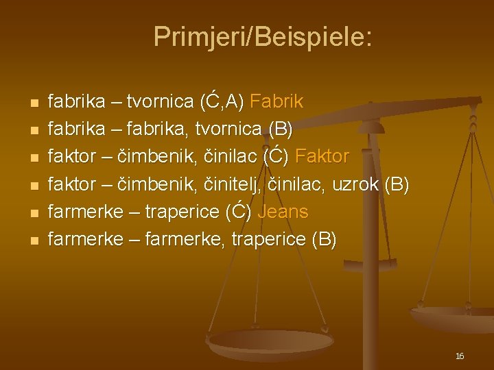 Primjeri/Beispiele: n n n fabrika – tvornica (Ć, A) Fabrik fabrika – fabrika, tvornica Primjeri/Beispiele: n n n fabrika – tvornica (Ć, A) Fabrik fabrika – fabrika, tvornica