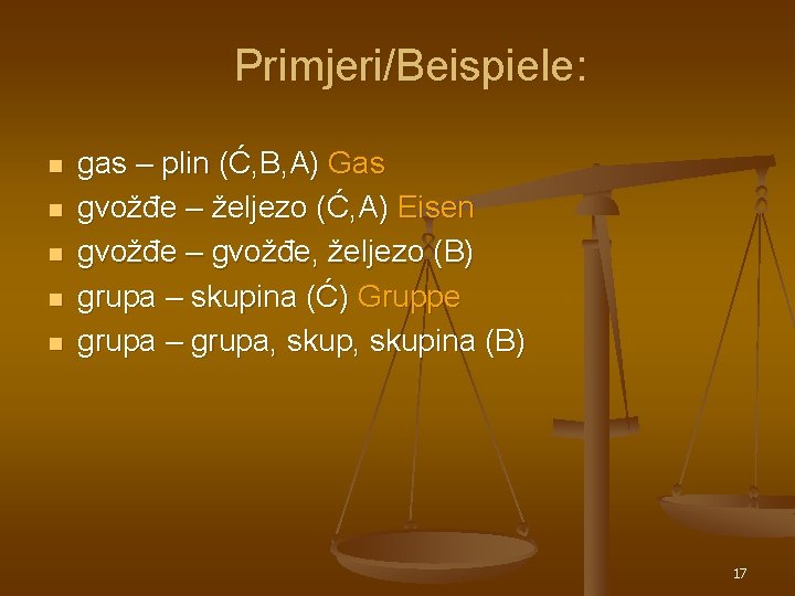 Primjeri/Beispiele: n n n gas – plin (Ć, B, A) Gas gvožđe – željezo Primjeri/Beispiele: n n n gas – plin (Ć, B, A) Gas gvožđe – željezo