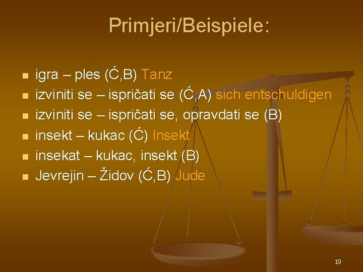 Primjeri/Beispiele: n n n igra – ples (Ć, B) Tanz izviniti se – ispričati Primjeri/Beispiele: n n n igra – ples (Ć, B) Tanz izviniti se – ispričati