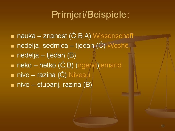 Primjeri/Beispiele: n n n nauka – znanost (Ć, B, A) Wissenschaft nedelja, sedmica – Primjeri/Beispiele: n n n nauka – znanost (Ć, B, A) Wissenschaft nedelja, sedmica –