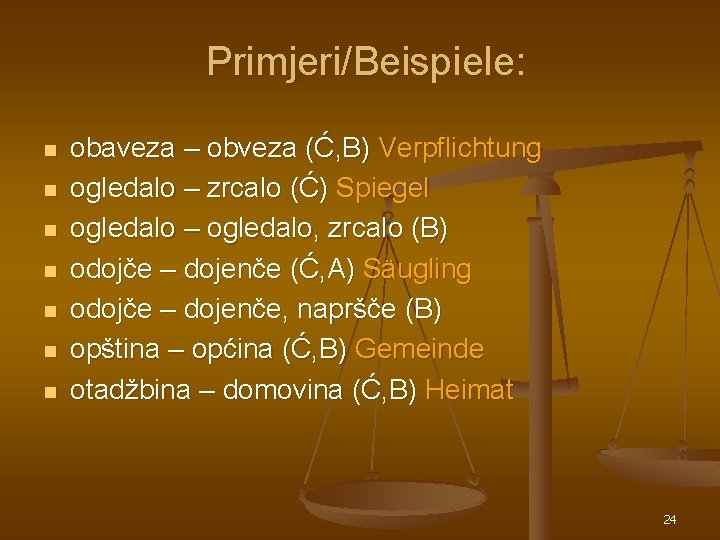 Primjeri/Beispiele: n n n n obaveza – obveza (Ć, B) Verpflichtung ogledalo – zrcalo Primjeri/Beispiele: n n n n obaveza – obveza (Ć, B) Verpflichtung ogledalo – zrcalo
