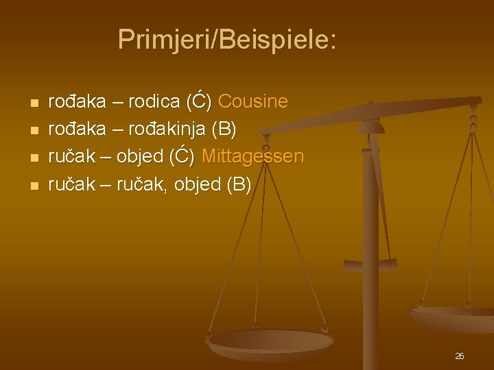 Primjeri/Beispiele: n n rođaka – rodica (Ć) Cousine rođaka – rođakinja (B) ručak – Primjeri/Beispiele: n n rođaka – rodica (Ć) Cousine rođaka – rođakinja (B) ručak –