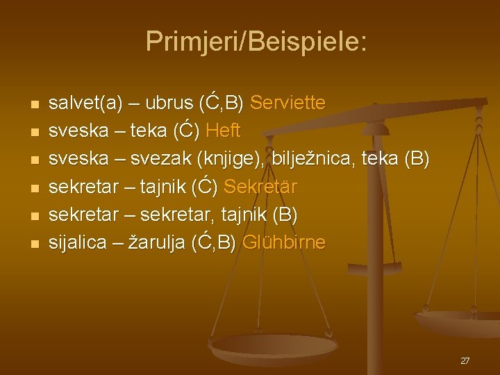 Primjeri/Beispiele: n n n salvet(a) – ubrus (Ć, B) Serviette sveska – teka (Ć) Primjeri/Beispiele: n n n salvet(a) – ubrus (Ć, B) Serviette sveska – teka (Ć)