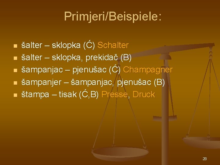 Primjeri/Beispiele: n n n šalter – sklopka (Ć) Schalter šalter – sklopka, prekidač (B) Primjeri/Beispiele: n n n šalter – sklopka (Ć) Schalter šalter – sklopka, prekidač (B)