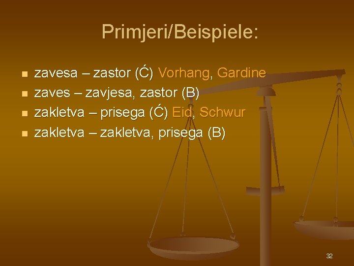 Primjeri/Beispiele: n n zavesa – zastor (Ć) Vorhang, Gardine zaves – zavjesa, zastor (B) Primjeri/Beispiele: n n zavesa – zastor (Ć) Vorhang, Gardine zaves – zavjesa, zastor (B)