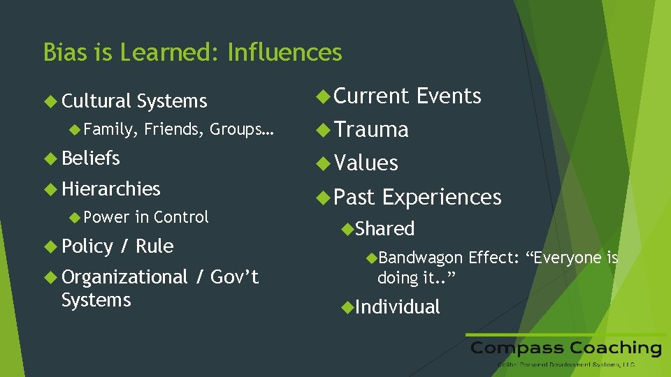 Bias is Learned: Influences Cultural Systems Family, Friends, Groups… Current Trauma Beliefs Values Hierarchies
