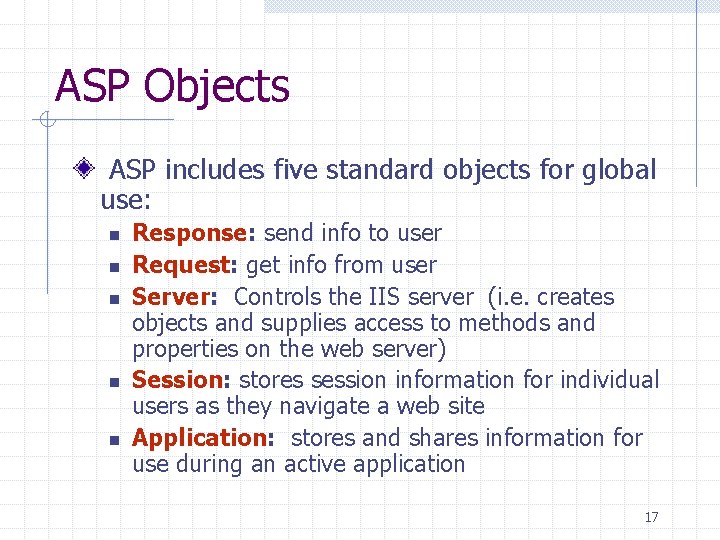 ASP Objects ASP includes five standard objects for global use: n n n Response: ASP Objects ASP includes five standard objects for global use: n n n Response: