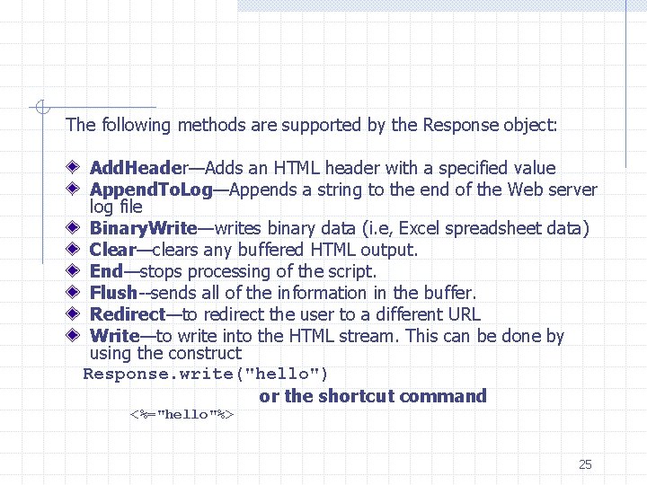 The following methods are supported by the Response object: Add. Header—Adds an HTML header The following methods are supported by the Response object: Add. Header—Adds an HTML header
