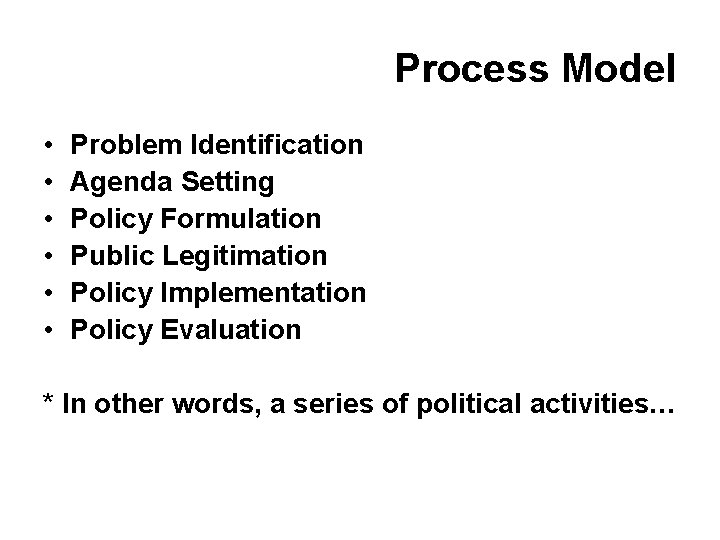 Process Model • • • Problem Identification Agenda Setting Policy Formulation Public Legitimation Policy