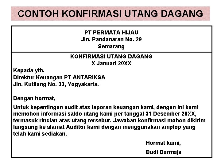 CONTOH KONFIRMASI UTANG DAGANG PT PERMATA HIJAU Jln. Pandanaran No. 29 Semarang KONFIRMASI UTANG