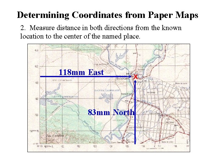 Determining Coordinates from Paper Maps 2. Measure distance in both directions from the known