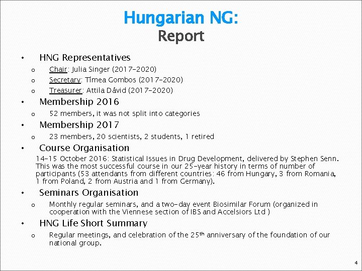 Hungarian NG: Report HNG Representatives • o o o • Chair: Julia Singer (2017
