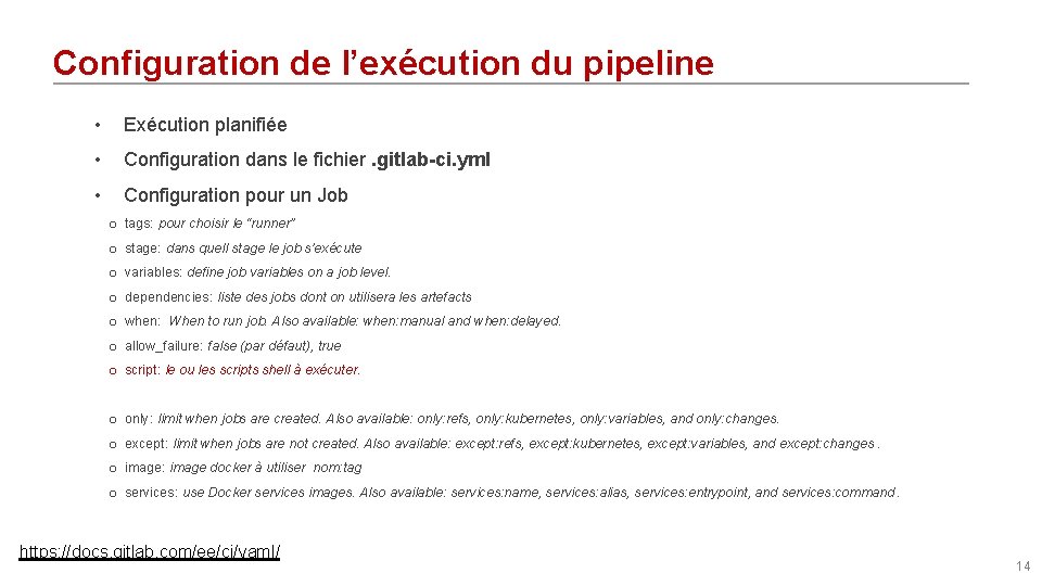 Configuration de l’exécution du pipeline • Exécution planifiée • Configuration dans le fichier. gitlab-ci.