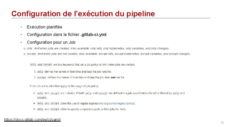 Configuration de l’exécution du pipeline • Exécution planifiée • Configuration dans le fichier. gitlab-ci.