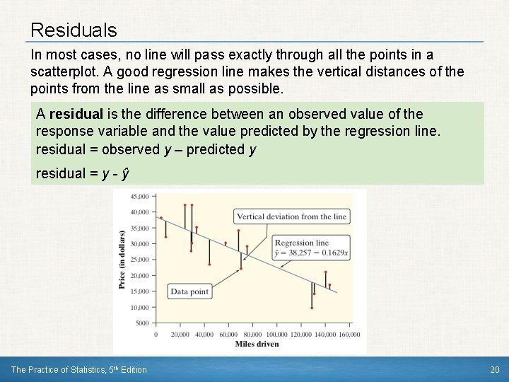 Residuals In most cases, no line will pass exactly through all the points in