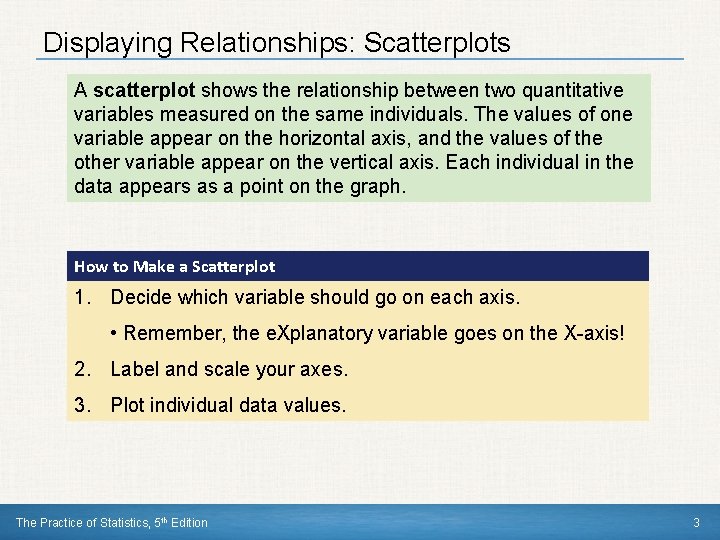 Displaying Relationships: Scatterplots A scatterplot shows the relationship between two quantitative variables measured on