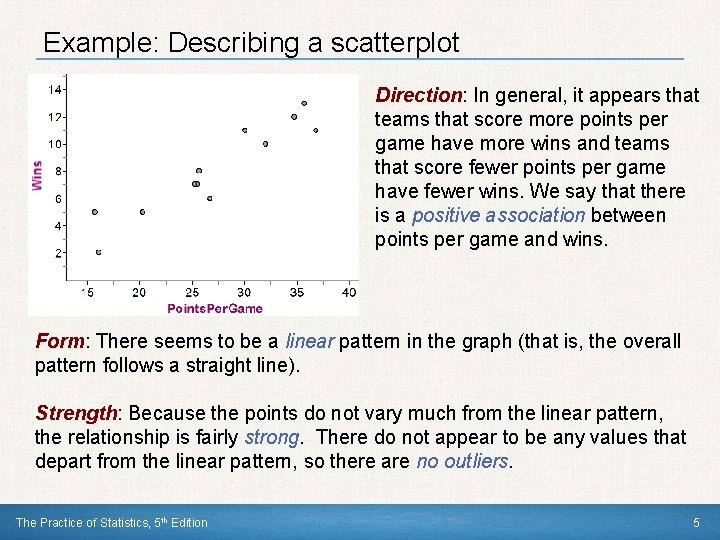 Example: Describing a scatterplot Direction: In general, it appears that teams that score more