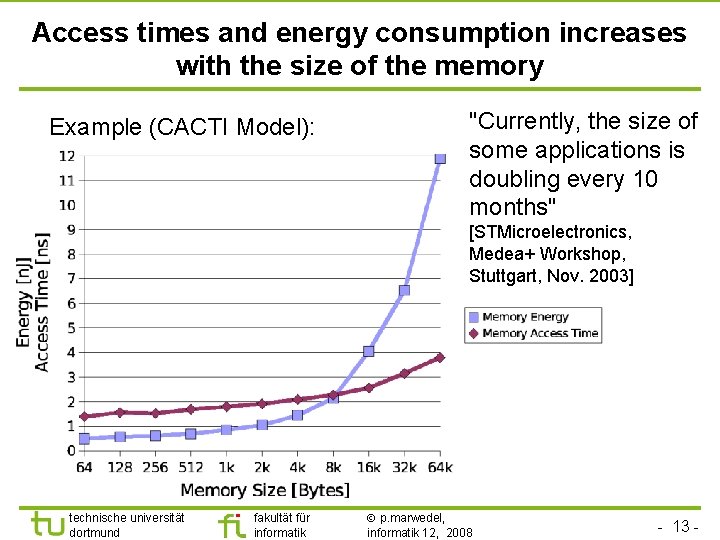 Access times and energy consumption increases with the size of the memory Example (CACTI