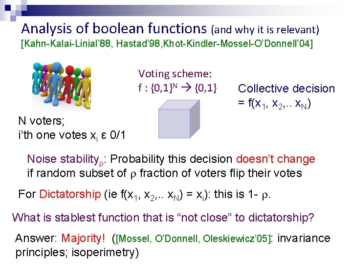 Analysis of boolean functions (and why it is relevant) [Kahn-Kalai-Linial’ 88, Hastad’ 98, Khot-Kindler-Mossel-O’Donnell’