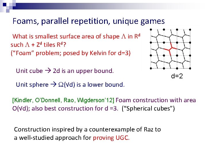 Foams, parallel repetition, unique games What is smallest surface area of shape L in