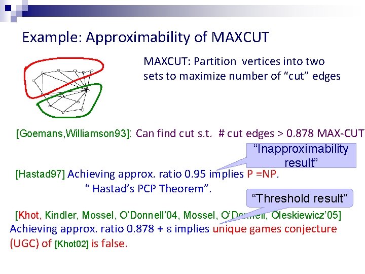 Example: Approximability of MAXCUT: Partition vertices into two sets to maximize number of “cut”