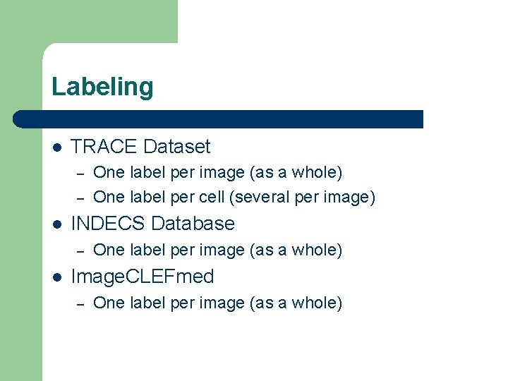 Labeling l TRACE Dataset – – l INDECS Database – l One label per