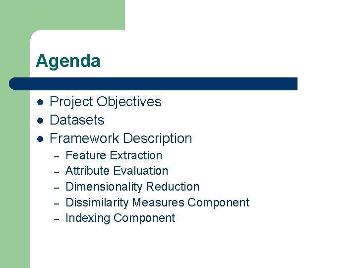 Agenda l l l Project Objectives Datasets Framework Description – – – Feature Extraction