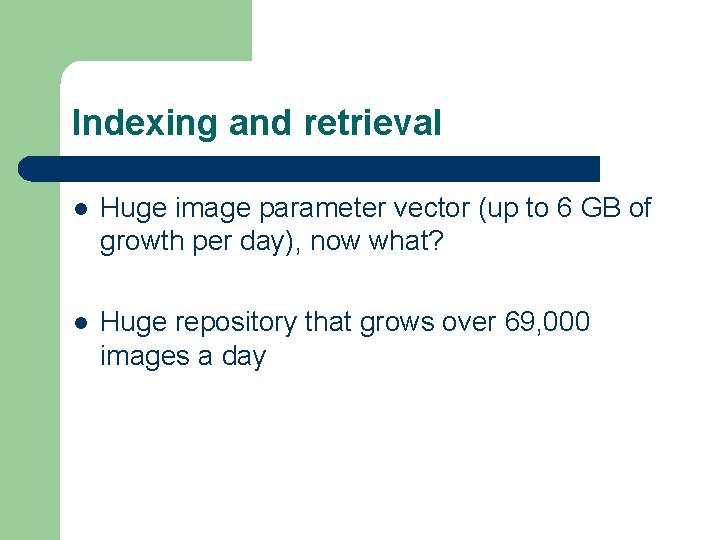 Indexing and retrieval l Huge image parameter vector (up to 6 GB of growth